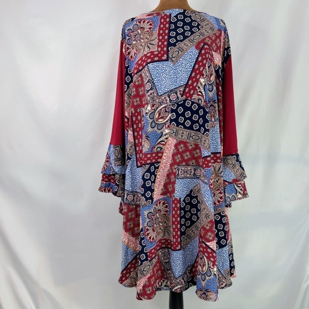 Emerald Patchwork Paisley Dress Women 3X Burgundy Blue Boho Bell Sleeve Good